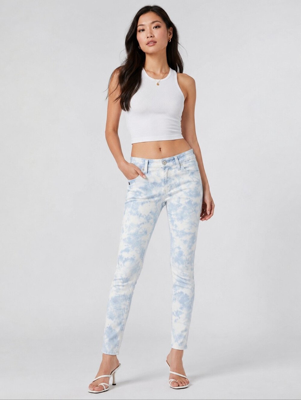 ❤️ AG ADRIANO GOLDSCHMIED STILT CIGARETTE TIE DYE SATEEN SKINNY JEANS, 0 (25)
